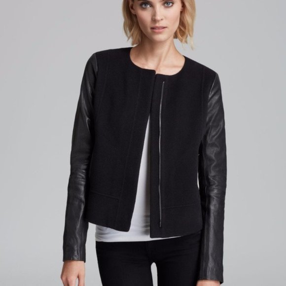 Vince wool and leather contrast cropped fitted moto zip structured bomber jacket